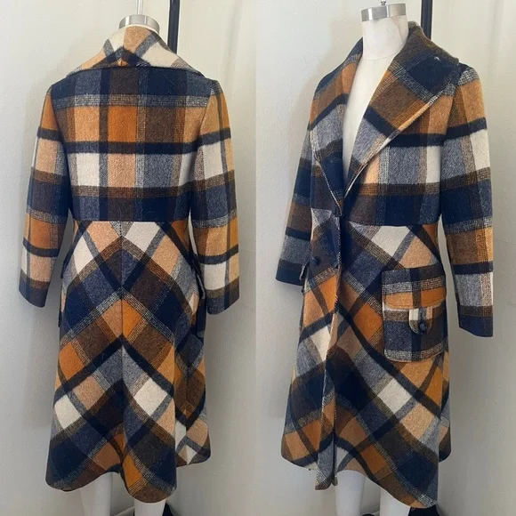 Vintage Jill Jr. Rust Orange and Navy Plaid Wool Coat as is - Picture 3 of 12